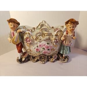 Hand Painted Ucagco Vtg Figurine Planter with Pink Flowers Japan